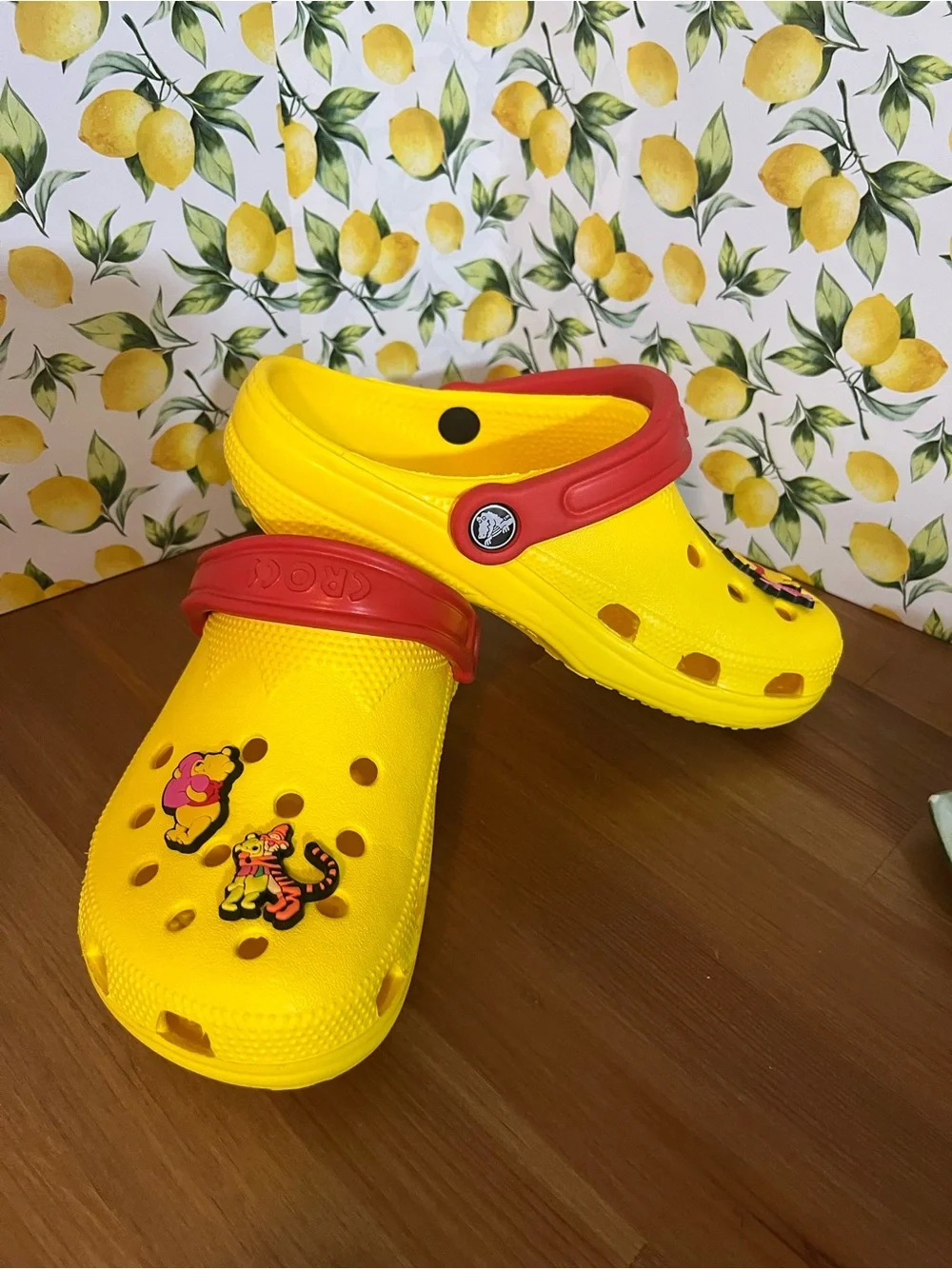 Kids Yellow Foam Clogs with Red Strap featuring Winnie the Pooh Characters